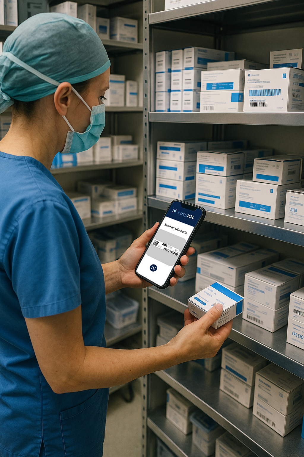 Medical professional using EasyIOL app to scan IOL inventory in medical supply storage